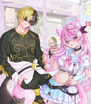 1boy 1girl ahoge animal_collar animal_ear_fluff animal_ears artist_name belt black_belt black_collar black_hair black_ribbon blindfold blonde_hair blue_skirt breasts can character_doll character_request coca-cola collar commentary commission corrupted_twitter_file doll english_commentary eyelashes flower gold_trim grey_eyes hair_flower hair_ornament hair_ribbon hand_in_pocket heart heart_ahoge highres holding holding_can indie_virtual_youtuber jewelry krashena lynden_(vtuber) multicolored_hair navel neckerchief necklace open_mouth pink_eyes pink_flower pink_hair pink_neckerchief pleated_skirt ribbon skirt split-color_hair stomach torn_clothes virtual_youtuber