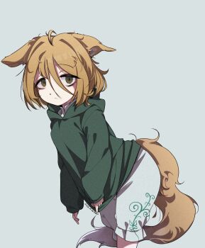 1girl alternate_costume animal_ears artist_name blonde_hair blue_background closed_mouth commentary_request dated ears_down exhausted fox_ears fox_girl fox_tail green_hoodie hair_between_eyes highres hood hoodie kudamaki_tsukasa long_sleeves looking_at_viewer romper simple_background solo tail tami_(joemanyodw) touhou white_romper yellow_eyes