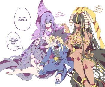 1boy 2girls black_dress black_hair black_shirt blonde_hair blue_jacket breasts chain cleavage dark-skinned_female dark_magician dark_skin dress duel_monster exodia_the_forbidden_one genderswap genderswap_(mtf) group_picture hat highres jacket large_breasts long_hair medium_hair millennium_puzzle multicolored_hair multiple_girls muto_yugi purple_eyes purple_hair purple_hat shirt simple_background spiked_hair white_background yu-gi-oh! yu-gi-oh!_duel_monsters zackpyo