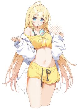 1girl alternate_costume bendy_straw black_bra blonde_hair bra breasts bubble_tea_challenge can collarbone crop_top dolphin_shorts drink_can drinking_straw drinking_straw_in_mouth gradient_hair hashtag-only_commentary highres jacket koishi_(kiwi0314) light_blush long_hair looking_at_viewer loungewear medium_breasts multicolored_hair navel noya_(stella_sora) orange_hair shirt shorts simple_background single_bare_shoulder soda_can solo standing star-shaped_pupils star_(symbol) stella_sora stomach symbol-shaped_pupils thighs underwear very_long_hair white_background white_jacket yellow_shirt yellow_shorts