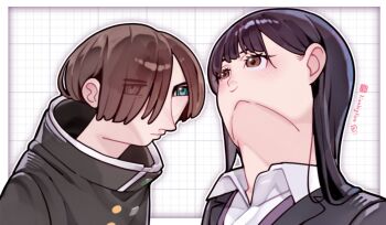 1boy 1girl 2girls artist_name bad_sasuke_drawing_(meme) black_hair black_jacket boku_no_kokoro_no_yabai_yatsu brown_eyes commentary expressionless eyes_visible_through_hair gakuran green_eyes hair_over_one_eye high_collar highres ichikawa_kyoutarou instagram_logo instagram_username jacket lianbiglian long_hair looking_up meme multiple_girls pun school_uniform shirt short_hair smile symbol-only_commentary trait_connection upper_body upward_angle_frieren_drawing_(meme) white_shirt wing_collar yamada_anna