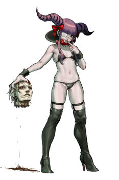 1girl blood blunt_bangs boots bow commentary_request daichan_mona demon_girl eyepatch guro hair_bow hair_horns high_heel_boots high_heels holding_detached_head medical_eyepatch original red_eyes red_nails severed_head thigh_boots white_background