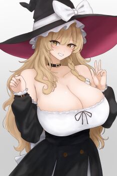1girl absurdres alternate_breast_size_(larger) alternate_costume black_choker black_hat blonde_hair blush bow braid breasts choker cleavage collarbone commentary dress hat hat_bow highres huge_breasts kirisame_marisa long_hair long_sleeves looking_at_viewer moriforest1040 off-shoulder_dress off_shoulder simple_background single_braid smile solo touhou very_long_hair w white_bow witch_hat yellow_eyes