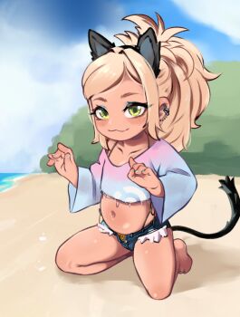 1girl :3 animal_ears arms_up barefoot beach blue_shirt blush cat_ears cat_girl cat_tail cloud cutoffs denim denim_shorts earrings fake_animal_ears gradient_clothes gradient_shirt green_eyes highleg highleg_panties highres jewelry kneeling loli long_hair midriff navel ocean original outdoors panties pink_shirt ponytail psychostars shirt short_shorts shorts single_earring sky smile solo stomach tail thighs two-tone_shirt underwear