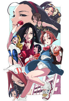 6+girls ahoge ayuhara_natsu bag black_gloves black_hair blonde_hair blue_leotard blue_one-piece_swimsuit blue_skirt blush boxing_gloves brown_hair camouflage_vest coat collarbone drill_hair earrings eyewear_on_head glasses gloves hairband hand_up headband hibiki_ran highres iinchou_(justice_gakuen) jewelry justice_gakuen karuizawa_momo kazama_akira kirishima_yurika leotard long_hair looking_at_viewer looking_up mask minazuki_kyoko mouth_mask multiple_girls nobita_(makoto7060355) one-piece_swimsuit open_mouth panties parted_lips ponytail purple_hair red_eyes red_hair red_hairband red_lips red_sweater school school_bag school_uniform shiritsu_justice_gakuen shoes short_hair skirt smile socks sweater swimsuit tiffany_lords twin_drills twintails underwear wakaba_hinata wavy_bangs white_coat white_headband white_panties white_shoes white_socks wind wind_lift zaki_(justice_gakuen)