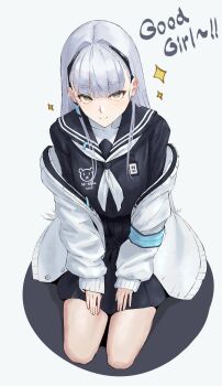 1girl absurdres ak-alfa_(girls&#039;_frontline) alternate_costume armband black_armband black_hairband black_sailor_collar black_serafuku black_shirt black_skirt blush breasts cardigan cardigan_pull character_name closed_mouth clothes_pull commentary english_commentary english_text full_body girls&#039;_frontline girls&#039;_frontline_2:_exilium grey_hair hairband highres jacket jacket_pull kneeling long_hair long_sleeves looking_at_viewer neckerchief open_cardigan open_clothes plaid_clothes plaid_skirt sailor_collar school_uniform seiza serafuku shirt sidelocks simple_background sitting skirt smile solo star_(symbol) tololo_(girls&#039;_frontline_2) umano_sora white_cardigan white_jacket white_neckerchief yellow_eyes