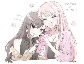 1girl 1other akiyama_mizuki black_shirt blush brown_eyes brown_hair cellphone closed_eyes collared_shirt commentary earrings flower_earrings hair_down hand_up hands_up holding holding_phone index_finger_raised jewelry kaesmedubu korean_text layered_clothes leaning_on_person long_hair long_sleeves looking_at_another necklace nervous_sweating official_alternate_costume official_alternate_hairstyle open_clothes open_mouth open_shirt phone pink_hair project_sekai shinonome_ena shirt simple_background smartphone smile sweat symbol-only_commentary translation_request white_background zozotown