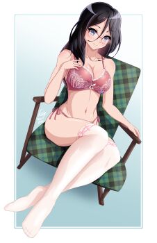1girl absurdres ass bare_shoulders black_hair blue_eyes blush bow bra breasts cleavage couch framed framed_image glasses hair_between_eyes hair_bow hibike!_euphonium highres kaije7 lace lace-trimmed_bra lace_trim long_hair looking_at_viewer medium_breasts outside_border panties seat see-through_clothes side-tie_panties signature simple_background sitting smile solo tanaka_asuka thighhighs thighs tight_clothes underwear white_thighhighs