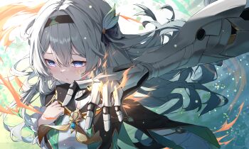 1girl 1other absurdres armor black_hairband black_jacket blue_eyes blue_pupils blush breasts closed_mouth commentary cracked_skin cropped_jacket english_commentary fire firefly_(honkai:_star_rail) gauntlets hair_between_eyes hair_intakes hairband hand_on_own_chest highres honkai:_star_rail honkai_(series) jacket large_breasts light_blush long_hair looking_to_the_side maeru multicolored_eyes open_clothes open_jacket out_of_frame purple_eyes ribbon sam_(honkai:_star_rail) shirt single_vambrace solo_focus two-tone_eyes upper_body vambraces white_armor white_hair white_shirt yellow_ribbon