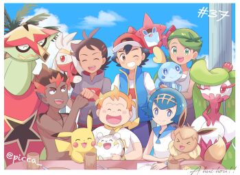 2girls 4boys artist_name ash_ketchum baseball_cap black_hair blue_eyes blue_hair blush_stickers brown_eyes brown_hair closed_eyes cloud commentary_request cup dark-skinned_male dark_skin day eevee fist_bump flower fork freckles gen_1_pokemon gen_4_pokemon gen_7_pokemon gen_8_pokemon goh_(pokemon) green_eyes green_hair hair_flower hair_ornament hairband hashtag hat highres holding holding_pokemon jacket jewelry kiawe_(pokemon) lana_(pokemon) looking_at_viewer looking_back mallow_(pokemon) mei_(maysroom) multiple_boys multiple_girls necklace nintendo open_mouth orange_hair pikachu plate pokemon pokemon_(anime) pokemon_(creature) pokemon_journeys pokemon_on_back raboot rotom rotom_dex scarf shirt short_sleeves sky smile sobble sophocles_(pokemon) teeth togedemaru tongue topless_male tsareena turtonator watermark white_shirt
