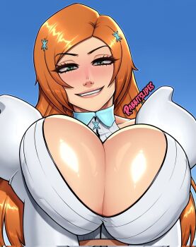 1girl 2025 alternate_eye_color artist_name bleach bleach:_sennen_kessen-hen blue_background blush breasts cleavage collarbone detached_sleeves female_focus green_eyes grin hair_ornament hairclip highres inoue_orihime large_breasts long_hair looking_at_viewer orange_hair puffy_sleeves rabbitslides shiny_skin simple_background smile snowflake_hair_ornament teeth upper_body