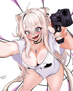 1girl absurdres animal_ears artist_request blush breasts crazy fang grey_eyes gun hanging_breasts highres holding holding_weapon hololive jewelry large_breasts long_hair necklace open_mouth pov shirt shishiro_botan smile t-shirt virtual_youtuber weapon white_background white_shirt yandere_trance