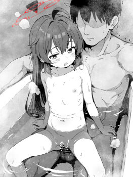 1boy 1girl ahoge bar_censor blue_archive blush censored completely_nude cum cum_in_pussy cum_overflow flat_chest halo hetero highres in_bathtub loli long_hair maki_(blue_archive) mixed-sex_bathing navel nipples nude open_mouth penis pussy red_halo reverse_upright_straddle sex sex_from_behind shared_bathing sitting solo_focus stomach textless_version vaginal water yuuji_overall