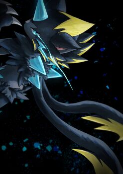 animal_ears animal_nose black_fur blue_eyes blue_fur cat claws gen_7_pokemon highres horns i_my_mo55 legendary_pokemon mega_pokemon mega_zeraora mythical_pokemon nintendo pokemon pokemon_(creature) single_horn spikes two-tone_fur v-shaped_eyes whiskers zeraora