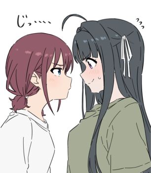 2girls ahoge awa_subaru black_hair blue_eyes blush breasts brown_hair closed_mouth commentary_request eye_contact from_side girls_band_cry green_shirt hair_ribbon height_difference highres iseri_nina kousuke0912 long_hair looking_at_another medium_breasts medium_hair multiple_girls nervous nervous_sweating profile purple_eyes ribbon shirt short_twintails simple_background small_breasts sweat t-shirt twintails upper_body white_background white_ribbon white_shirt