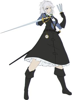 1girl absurdres alternate_costume black_boots black_dress black_gloves blue_eyes blue_shirt boots bow braid breasts drawfag dress fingerless_gloves gloves green_bow hair_bow highres holding holding_knife holding_sword holding_weapon izayoi_sakuya knife light_frown long_sleeves maid maid_headdress medium_breasts saber_(weapon) scabbard sheath shirt short_hair solo stopwatch sword touhou transparent_background twin_braids watch weapon white_hair