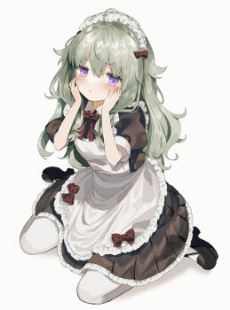 1girl alternate_costume apron black_dress black_shoes blush bow classical_maid_(project_sekai) commentary_request dress dress_bow enmaided frilled_apron frilled_dress frills fuinagi_(huyuu_mm) green_hair hair_bow hands_on_own_face highres kusanagi_nene long_hair looking_at_viewer maid maid_headdress mary_janes pantyhose project_sekai puffy_short_sleeves puffy_sleeves purple_eyes red_bow shoes short_sleeves sitting solo v-shaped_eyebrows very_long_hair wariza white_apron white_pantyhose