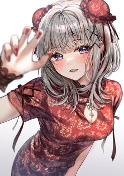 1girl blue_eyes blurry blurry_foreground blush bow breasts bun_cover china_dress chinese_clothes cleavage_cutout clothing_cutout commentary dress ear_piercing frilled_wristband hair_ornament highres looking_at_viewer medium_breasts medium_hair original parted_hair parted_lips piercing red_nails sakura_(39ra) short_sleeves symbol-only_commentary white_background white_hair x_hair_ornament