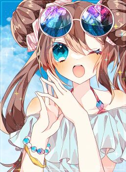1girl :d alternate_costume bare_shoulders blue-tinted_eyewear blue_background blue_eyes bracelet brown_hair donut_hair_bun double_bun eyewear_on_head grey_shirt hair_bun hair_ornament hair_scrunchie highres jewelry long_hair looking_at_viewer nintendo off-shoulder_shirt off_shoulder one_eye_closed open_mouth pokemon pokemon_bw2 rosa_(pokemon) scrunchie shirt simple_background smile solo sparkle strap tinted_eyewear to_camellia twintails upper_body white_scrunchie