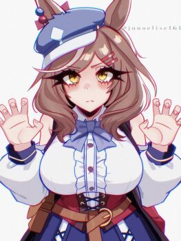 1girl absurdres animal_ears belt_bag blue_bow blue_bowtie blue_hat blush bow bowtie breasts brown_hair center_frills closed_mouth clothing_cutout commentary corset ears_through_headwear english_commentary frills hair_ornament hairclip hat highres horse_ears horse_girl junoelise161 large_breasts looking_at_viewer matikanetannhauser_(panpaka_tiltott)_(umamusume) matikanetannhauser_(umamusume) medium_hair multicolored_hair newsboy_cap red_corset shirt shoulder_cutout simple_background skirt solo streaked_hair tilted_headwear umamusume white_shirt yellow_eyes