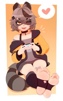 1girl bandaid bandaid_on_leg barefoot collar controller fang fangs feet foot_focus game_controller hair_ornament heart highres indie_virtual_youtuber jacket looking_at_viewer mask nail_polish newgrounds nonamoth one_eye_closed orange_jacket playing_games raccoon raccoon_girl skirt snuffy_(vtuber) soles tail tanuki toeless_legwear toenail_polish toenails toes virtual_youtuber wink