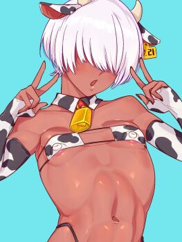 Rule 34 | 1boy, animal ears, animal print, bell, bikini, blue background, censored, commentary, covered erect nipples, cow ears, cow horns, cow print, cow print bikini, cow print gloves, dark-skinned male, dark skin, detached collar, double v, fake animal ears, gloves, hair over eyes, horns, kuroino (0kuro8ino6), mosaic censoring, navel, neck bell, original, penis, pointy ears, print bikini, print gloves, solo, swimsuit, trap, untranslatable commentary, upper body, v