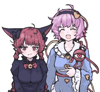 2girls :d ahoge animal_ears ayana404 black_hairband blue_shirt blush bow bowtie braid breasts cat_ears cat_girl closed_eyes closed_mouth extra_ears fang hairband hashtag-only_commentary heart kaenbyou_rin komeiji_satori long_hair long_sleeves multiple_girls open_mouth pink_hair pointing pointing_at_another pointy_ears red_bow red_bowtie red_eyes red_hair shirt short_hair side_braids simple_background skin_fang smile third_eye touhou twin_braids upper_body v-shaped_eyebrows white_background
