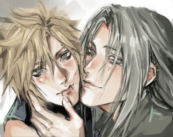 2boys black_eyeliner blonde_hair blue_eyes blush closed_mouth cloud_strife couple ear_piercing eyebrow_piercing eyeliner eyeshadow face_piercing final_fantasy final_fantasy_vii grey_hair hand_on_another&#039;s_cheek hand_on_another&#039;s_face highres light_smile long_hair makeup male_focus multiple_boys parted_bangs piercing portrait sephiroth short_hair sleeveless snakebite_(piercing) spiked_hair v3raxyy yaoi