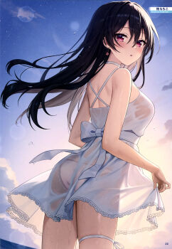 1girl absurdres artist_name ass black_hair blue_sky blush breasts choker cowboy_shot dengeki_moeoh dress earrings from_behind hair_between_eyes highres jewelry large_breasts long_hair looking_at_viewer looking_back magazine_scan mochiko_(uyu_omochi) original outdoors page_number panties_visible_through_clothes parted_lips red_eyes scan see-through_clothes see-through_dress shiny_skin short_dress skirt_hold sky sleeveless sleeveless_dress solo straight_hair sunlight thigh_strap third-party_source water_drop wet wet_clothes wet_dress wet_hair white_choker white_dress