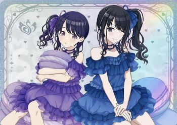 2girls blue_dress blue_eyes dress fukumaru_koito heart holding idolmaster idolmaster_shiny_colors kazano_hiori multiple_girls official_art one_eye_closed purple_dress red_eyes side_ponytail sitting