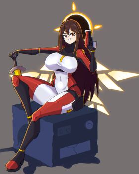 1girl absurdres bodysuit boots borrowed_character breasts brown_hair collarbone doce energy_wings female_focus full_body grey_background grin gun hair_between_eyes halo highres holding holding_weapon large_breasts long_hair looking_at_viewer navel original penny_(tenacioustinker) red_eyes simple_background sitting skin_tight smile solo sword weapon white_bodysuit