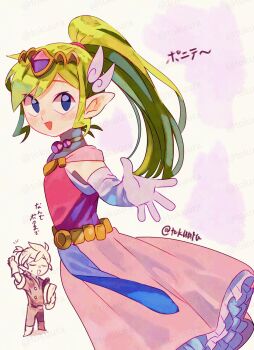 Rule 34 | 1boy, 1girl, adversarial noise, alternate hairstyle, artist name, blonde hair, dress, elbow gloves, gem, gloves, highres, link, long hair, looking at viewer, nintendo, open mouth, pink dress, pointy ears, princess zelda, red gem, smile, solo focus, the legend of zelda, the legend of zelda: spirit tracks, tiara, tokuura, toon link, toon zelda, translation request, twitter username, watermark, watermark grid, white gloves