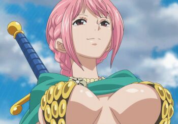 1girl animated animated_gif armor bikini_armor braid breasts brown_eyes cape cloud cloudy_sky jewelry large_breasts looping_animation necklace one_piece pink_hair rebecca_(one_piece) shiny_skin sideboob sky smile solo sword weapon