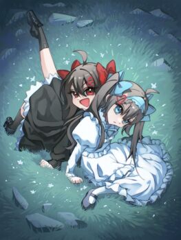 2girls ahoge black_shoes black_socks blue_bow blue_eyes blue_hairband bow broken_heart brown_hair closed_mouth commentary dress english_commentary evil_neuro-sama from_above from_side grass hair_between_eyes hair_bow hair_ornament hairband heart heart_hair_ornament highres leg_up long_dress long_sleeves looking_at_viewer looking_back multiple_girls neuro-sama on_grass open_mouth puffy_long_sleeves puffy_sleeves red_bow red_eyes shoes siblings sisters sitting socks sora_no_sakebi twins vedal_ai virtual_youtuber wariza white_dress