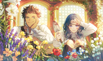 Rule 34 | 1boy, 1girl, absurdres, alternate costume, architecture, ascot, belt, black belt, black boots, blue eyes, blue flower, blue hair, boots, braid, breasts, brown hair, building, claude von riegan, commentary request, dirty, dirty face, female byleth (fire emblem), fire emblem, fire emblem: three houses, flower, gardening, garreg mach monastery uniform, green eyes, hand on own cheek, hand on own face, highres, holding, holding trowel, knee boots, long sleeves, looking at another, looking at viewer, looking to the side, medium breasts, nintendo, purple flower, red flower, shirt, short hair, shoulder belt, smile, squatting, sweat, trowel, white ascot, white flower, white shirt, window, wiping forehead, wiping sweat, yellow flower, zhihaiwusheng