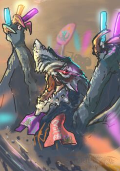 absurdres cheering claws dragon dragon_wings glowing glowing_eyes glowstick gogmazios hand_fan highres holding holding_fan holding_glowstick horns monster monster_focus monster_hunter_(series) monster_hunter_wilds no_humans open_mouth red_eyes rompopolo sauripus scene_reference sharp_teeth spikes stinger teeth umamusume wings