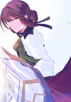 1girl braid braided_bun brown_hair dress duvalie eiyuu_densetsu green_eyes hair_bun highres hishimotsuki holding holding_shield looking_at_viewer sen_no_kiseki sen_no_kiseki_(series) sen_no_kiseki_i sen_no_kiseki_iv shield simple_background solo upper_body