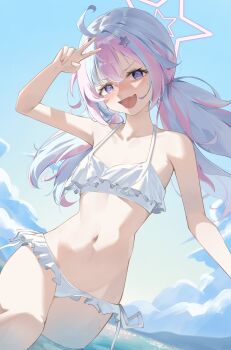 1girl ;d absurdres ahoge arm_up bikini blue_archive blue_hair blue_sky blush cloud collarbone commentary cowboy_shot day halo highres long_hair looking_at_viewer low_twintails miku_rasha multicolored_hair navel one_eye_closed open_mouth outdoors pink_hair pink_halo purple_eyes reisa_(blue_archive) sky smile solo star_halo swimsuit twintails two-tone_hair v wading white_bikini