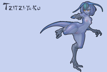 1girl antennae aqua_hair arm_up armpit_crease bare_shoulders black_hair blue_background blue_hair breasts clawed_feet clawed_hands commentary_request completely_nude copyright_name grey_claws highres korean_commentary lizard_tail looking_to_the_side medium_breasts monster_girl monster_hunter:_world monster_hunter_(series) muhut navel nipples nude orange_eyes personification reptile_girl running small_breasts smirk solo stomach tail thick_thighs thighs tzitzi-ya-ku wide_hips