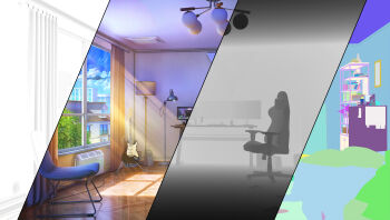 3d absurdres chair computer guitar highres indoors instrument nikki_(series) no_humans original scenery shining_nikki simple_background sitai_xiii window