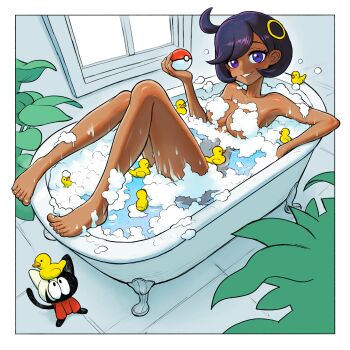 1girl bath bathing border breasts cat commentary_request dark-skinned_female dark_skin dattosan emma_(pokemon) full_body highres holding holding_poke_ball indoors looking_at_viewer medium_breasts nintendo poke_ball pokemon pokemon_legends:_z-a purple_eyes rubber_duck shiny_skin short_hair smile solo wet white_border