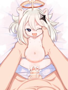 1boy 1girl :d arms_up bar_censor big_belly black_eyes censored commentary_request completely_nude cum cum_in_pussy cum_inflation cum_overflow flat_chest genshin_impact halo hetero highres inflation loli long_hair missionary navel nipples nude one_eye_closed open_mouth orange_halo paimon_(genshin_impact) penis pov pov_crotch pov_hands pussy sex size_difference smile solo_focus spread_legs teruki_kuma testicles vaginal white_hair