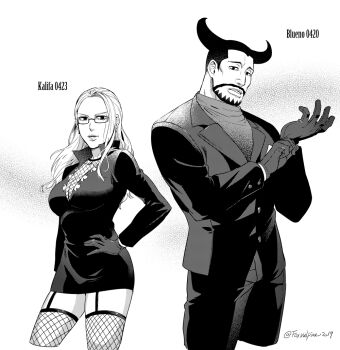 1boy 1girl beard blueno breasts cleavage connected_beard cropped_legs facial_hair fishnet_thighhighs fishnets foxvulpine glasses gloves greyscale hair_horns hand_on_own_hip jacket kalifa_(one_piece) long_hair looking_at_viewer monochrome one_piece parted_lips putting_on_gloves shirt thighhighs twitter_username