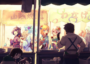 2boys ahoge animal_ear_fluff animal_ears black_hair blonde_hair blue_eyes blue_hair braid candy_apple cat_ears cat_girl chocolate-covered_food chocolate_banana closed_eyes commentary_request elf flower food green_eyes hair_flower hair_ornament highres japanese_clothes karyl_(new_year)_(princess_connect!) karyl_(princess_connect!) kimono kokkoro_(princess_connect!) long_hair looking_at_another muimi_(princess_connect!) multicolored_hair multiple_boys multiple_girls okto_(princess_connect!) open_mouth orange_hair pecorine_(new_year)_(princess_connect!) pecorine_(princess_connect!) pointy_ears princess_connect! sheffy_(princess_connect!) short_hair streaked_hair summer_festival umekobucha white_hair yukata