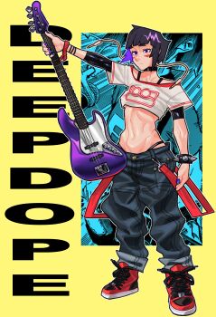 1girl absurdres alternate_costume audio_jack baggy_clothes baggy_pants boku_no_hero_academia breasts choker guitar highres holding_guitar holding_instrument instrument jiro_kyoka long_earlobes loopvoid midriff nail_polish navel off_shoulder pants purple_nails small_breasts tagme toned