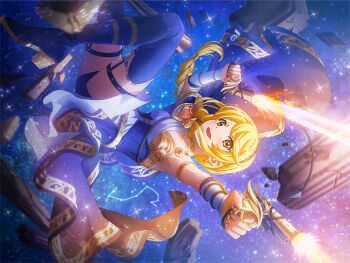 1girl ancient_greek_clothes blonde_hair blue_shoes blue_shorts blue_thighhighs blush braid chiton collarbone dress dual_wielding earrings firing game_cg greco-roman_clothes gun handgun high_heels holding holding_gun holding_weapon jewelry legwear_garter long_hair looking_at_viewer midair official_art ootsuki_aruru open_mouth scorpius_(constellation) shoes shorts shoujo_kageki_revue_starlight shoujo_kageki_revue_starlight_-re_live- solo thighhighs weapon white_dress yellow_eyes