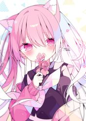 Rule 34 | 1girl, animal ear fluff, animal ears, black shirt, blush, cat ears, commentary, commission, covering own mouth, cropped shirt, flower, highres, holding, holding flower, jacket, long sleeves, looking at viewer, neckerchief, no nose, off shoulder, original, patterned background, pink eyes, pink flower, pink hair, pink jacket, pink neckerchief, shirt, signature, skeb commission, suisei 1121, upper body, white background