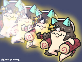 ._. afterimage beret bow braid carrying carrying_under_arm closed_mouth commentary_request goma_(gomasamune) hair_bobbles hair_bow hair_ornament hat highres hokko_tarumae_(umamusume) long_hair low_twintails multicolored_hair star_(symbol) striped_bow twin_braids twintails twitter_username two-tone_hair umamusume very_long_hair white_hair white_hat yoitomake_(food)