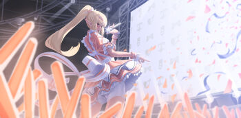 1girl absurdres alternate_costume blonde_hair bow breasts commentary_request dark-skinned_female dark_elf dark_skin dress elf hair_bow highres holding hololive large_breasts long_hair looking_at_viewer mintea_(minteashake) multicolored_hair open_mouth pointy_ears red_eyes shiranui_flare sidelocks single_hair_streak smile solo streaked_hair virtual_youtuber white_streaks