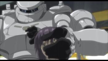 1girl amputee animated breasts empty_eyes expressionless fighting ghost_in_the_shell ghost_in_the_shell:_stand_alone_complex injury jumping kusanagi_motoko large_breasts looking_at_another lying mecha medium_hair punching purple_hair robot tagme torture unconscious video violence
